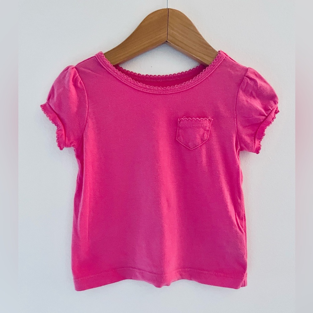 7/$20💥NEW Baby Girl Pocket Tee, Little Puff Sleeve, Peony Pink, Scalloped Trim